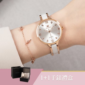 女人愛美愛自己純白之境1+1獨家超值禮盒陶瓷手錶手鍊二件組【WKTL5872-SL676】-白面玫金帶+玫金手鍊