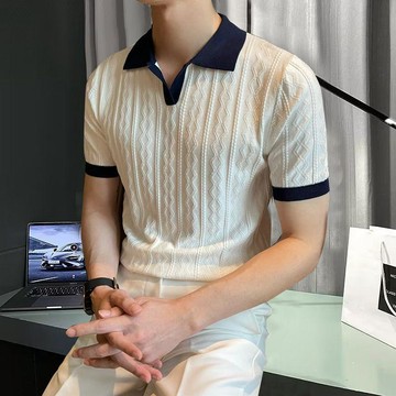 【男裝】臺灣出貨夏季polo衫男英倫百搭修身針織衫短袖翻領衫韓版復古撞色T恤1/2件