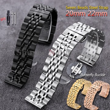 20 毫米 22 毫米七珠實心不銹鋼錶帶快速釋放通用直端金屬拋光啞光錶帶蝴蝶扣手鍊男士女士腕帶