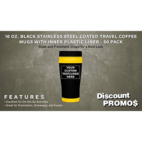パーソナライズされた16 oz。Black Steel Travel Coffee Mug -50パックカスタムテキスト、ロゴ-イエロー