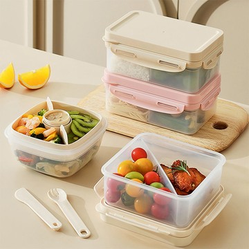 便攜式正方形兩分格保鮮餐盒(附餐具&醬料盒)-1200ml-3入-多色可選 米棕