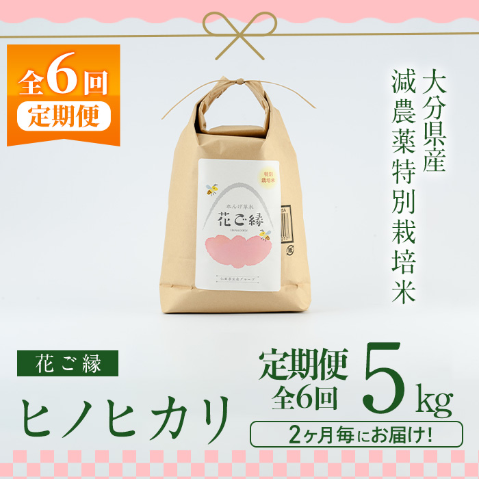 ＜定期便・6回 (隔月)＞減農薬特別栽培米 はなご縁 (総量30kg・5kg×6回) 米 定期便 ６回 隔月 ひのひかり ヒノヒカリ 精米 白米 大分県産