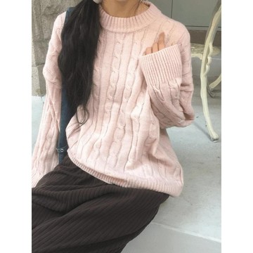 Codibook｜韓國 wonderwonder 淺紫色麻花織紋圓領寬鬆針織毛衣［預購］針織衫 毛衣 女裝