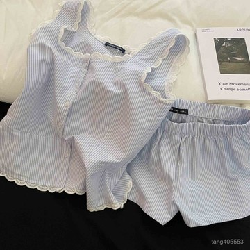 台灣發貨韓版ins藍色條紋背心甜美純棉睡衣女夏季新款吊帶短褲家居服套裝0520 7CND