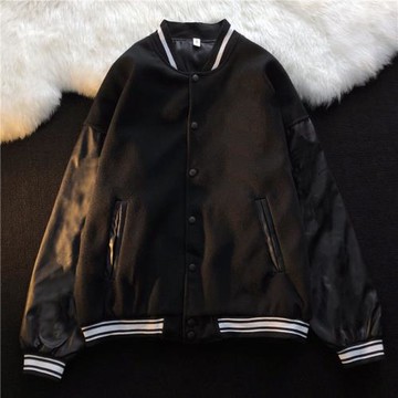 秋冬款拼接皮袖毛呢夾克棒球服