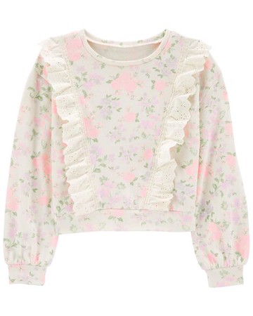 Kid Floral Print Eyelet Ruffle Pullover