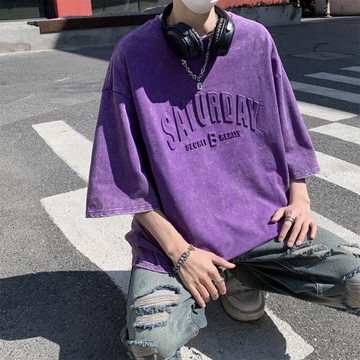 紫色鋼印短袖T恤男士夏季潮牌寬松重磅半袖上衣水洗做舊圓領體恤