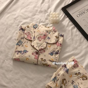 ins復古睡衣女春秋季長袖可愛星黛露新款純棉可外穿家居服兩件套