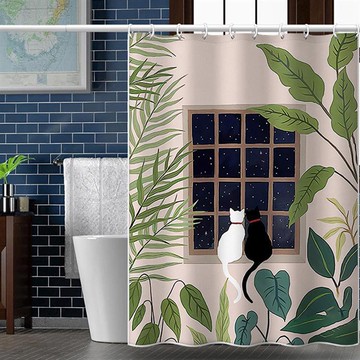 【嵐楓居家】精緻印花防水防霉加厚浴簾_貓咪情侶 _廠商直送