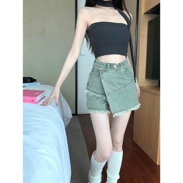 不規則毛邊牛仔短褲裙大碼胖mm顯瘦梨型身材遮肉短裙設計感小眾女