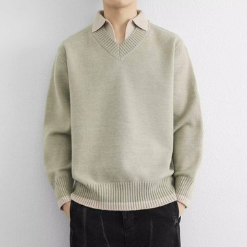 美式輕熟翻領百搭休閒毛衣男 春秋V領寬鬆polo領針織衫男