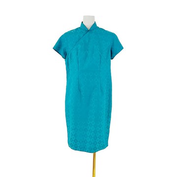 二手 古董訂製 藍綠色 織紋 短袖 旗袍 OPF308