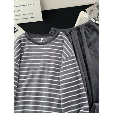 珊瑚絨情侶睡衣秋冬季加厚加絨條紋男士女可外穿法蘭絨家居服套裝