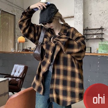 【ohi】美式復古磨毛格子襯衫上衣 寬鬆中長款設計感襯衫 女生襯衫 長袖襯衫 襯衣 長袖上衣 女裝 GSX8047