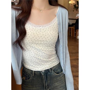 秋季藍色針織開衫女外搭短款純色長袖外套搭配碎花吊帶小背心上衣