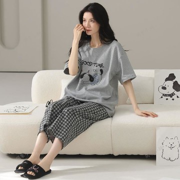 【臺灣-出貨】100%純棉睡衣女夏短袖七分褲卡通韓版時尚寬鬆可外穿春家居服套裝0504