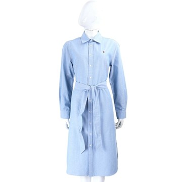Polo Ralph Lauren 小馬刺繡水手布淺藍綁帶襯衫式連身裙 洋裝