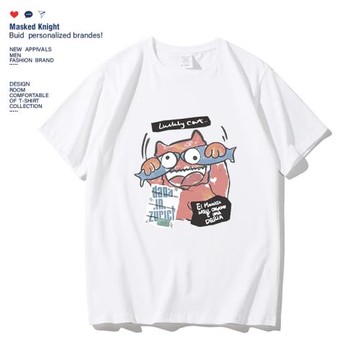 夏季潮牌港風趣味卡通印花短袖t恤男學生純棉寬松休閑圓領體恤