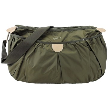 agnes b.VOYAGE抓皺風衣尼龍斜背包(大/墨綠)