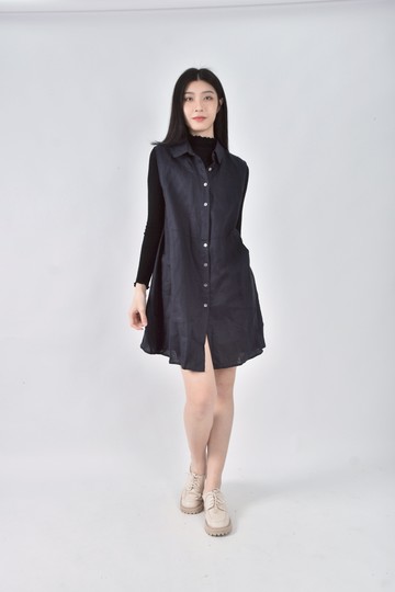 (F) lilo春夏亞麻純麻無袖排扣藍色洋裝