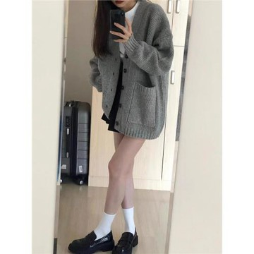 灰色中長款毛衣外套女春秋外搭日系慵懶復古奶系穿搭軟糯針織開衫