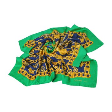 CELINE 法國製100%蠶絲字母LOGO金鍊圖騰大絲巾(深藍/翠綠邊/88CM)