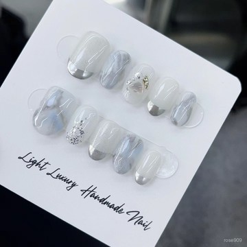 1️⃣直直購😁【安藝精品】銀白漸變大理石紋理貝殻金箔點綴高品質純手工穿戴甲短款美甲 HTZH
