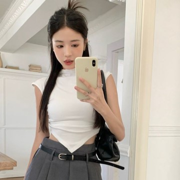 ⚡桃園出貨 短袖T恤 上衣女 純慾風褶皺收腰無袖T恤女半高領不規則修身性感甜辣露腰短款上衣