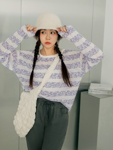 時髦渲染針織橫條紋長袖上衣