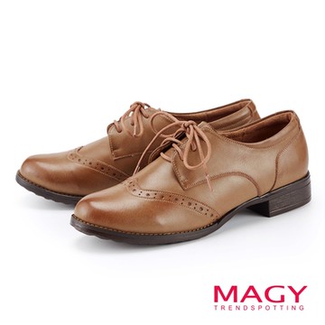 MAGY 英倫風真皮綁帶低跟牛津鞋 棕色