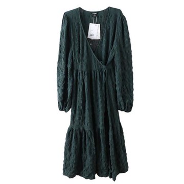 合款下【MK】秋裝復古綠色氣質成熟V領褶皺感顯瘦連衣裙優雅長款