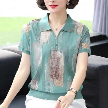 春夏短袖上衣女POLO衫女中年妈妈夏装短袖T恤洋气小衫妇女宽松大码冰丝短款polo衫上衣女大尺碼  5xl  100公斤