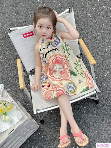 兒童裝無袖公主裙小女孩掛脖連衣裙2023新款洋氣夏裝女童時髦裙子