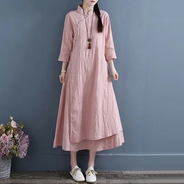 ＊ORead＊雙層中式禪意盤扣改良棉麻連身裙(4色M~2XL)【限定加碼✿全館滿額再折】