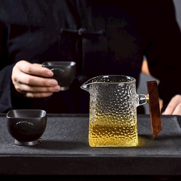 陶福氣 耐熱錘紋玻璃木耙側把公道杯 玻璃公道茶水分離功夫茶海