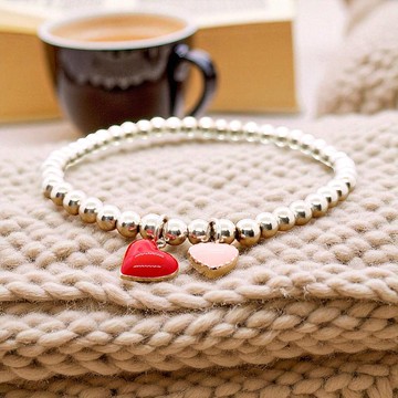 純銀 雙色愛心 S925  銀珠手鍊