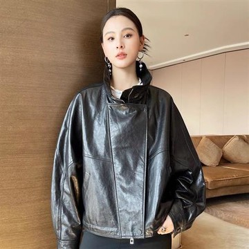 【巴黎精品】現貨+預購 頂級真皮皮衣外套真羊皮皮衣秋冬夾克休閒女裝-油蠟亮面立領羊皮女外套2色a1le90