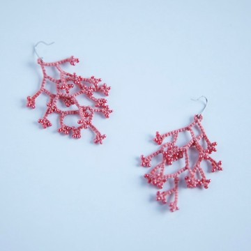Tatting 蕾絲×玻璃珠 珊瑚耳環 粉色