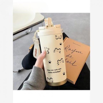 線條貓咪大容量保溫杯吸管喝水杯運動車載 便攜男女學生上學杯子