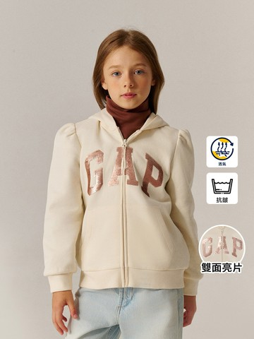 女童裝 Logo趣味刷毛連帽外套-象牙白
