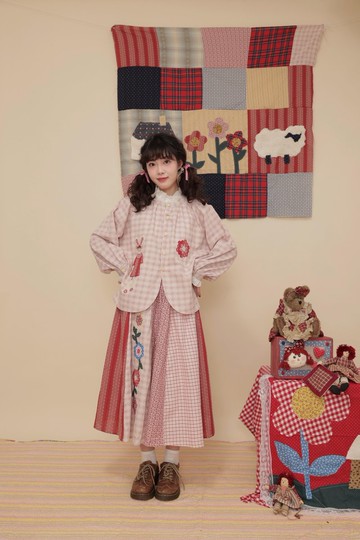 復古古著感少女 花邊領兔子花朵拼布 襯衫半裙套裝