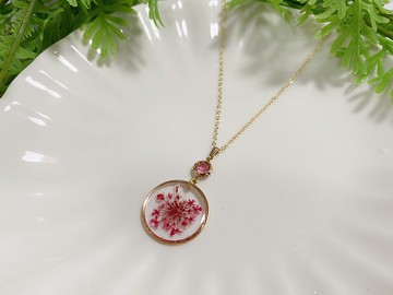 真花押花項鍊  紅蕾絲花鋯石項鍊頸鍊 18KGP項鍊 生日禮物