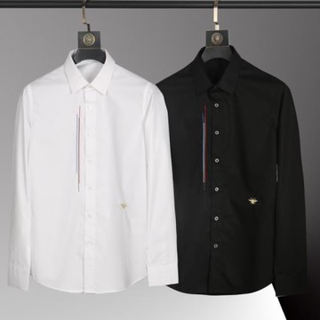 潮牌紅白藍綠豎線條金色小蜜蜂刺繡男長袖白襯衫修身商務休閑襯衣