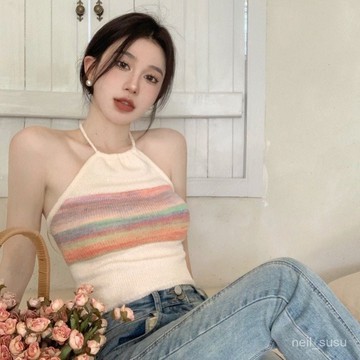 P3-【限時特賣】背心女 吊帶背心 女生背心 辣妹背心 小可愛 夏季甜辣妹條紋掛脖美背針織吊帶背心女露背性感短款內搭外穿