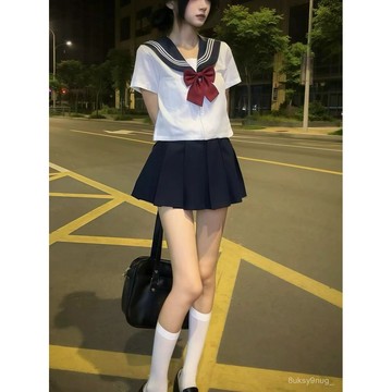 ✨MY女裝 三件套~日係少女正版jk製服 水手服 紺三本收腰撞色海軍領短袖襯衫+JK性感百褶短裙 上衣 衣服 夏天洋裝