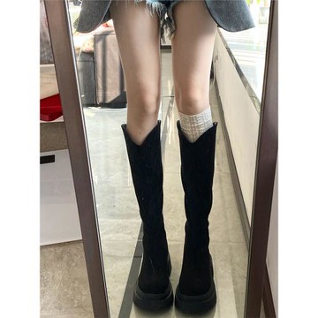 絕了~騎士靴大筒圍2025年新款圓頭厚底v口后拉鏈不過膝小眾長筒靴