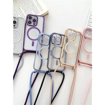 適用蘋果15Promax一體電鍍magsafe磁吸防摔掛脖斜跨掛繩手機殼iPhone14/13/12時尚奢華個性軟硅膠少女保護套