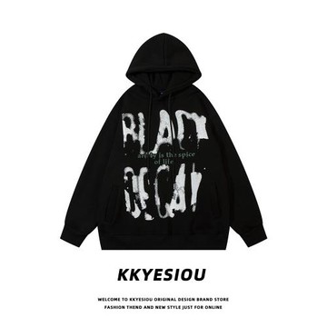 KKyesiou美式復古潮牌抽象印花連帽衛衣男女加絨oversize情侶外套