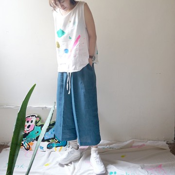 好評再補貨 心花系列-舒服藍色亞麻口袋寬褲