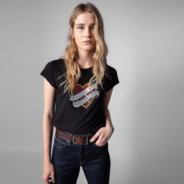 22春夏新款法式小眾ZV愛心字母印花燙鉆女式棉質圓領黑色短袖T恤